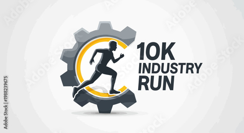 Industrial Fitness Concept Depicting a 10K Running Event with Silhouette Inside a Gear