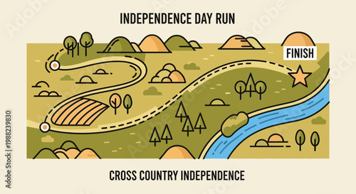 Independence Day Run Illustrated Map for Patriotic Celebration, Cross Country Race Vector