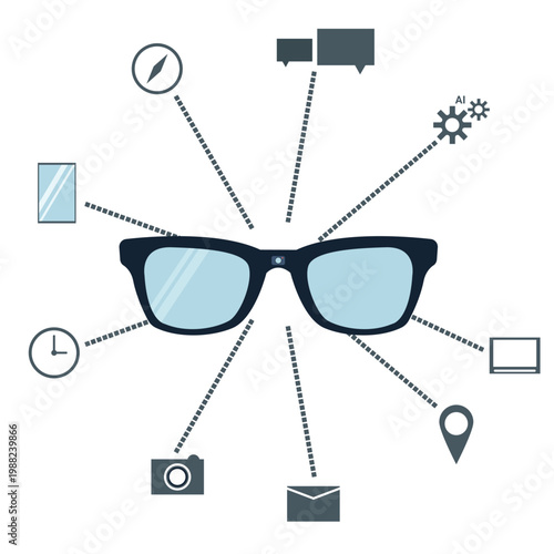 Smart Glasses Interface Concept with Connected Icons Vector Illustration, ideal for technology, innovation, augmented reality, and future devices concepts.