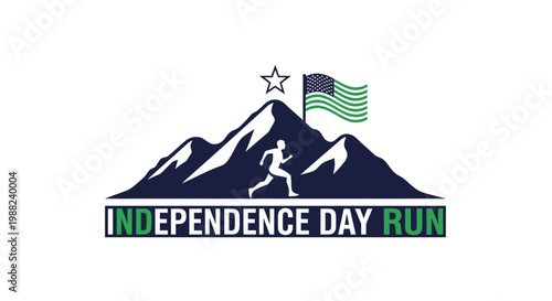 Independence Day Run Logo Featuring Mountains, Flag, Star, And Running Silhouette