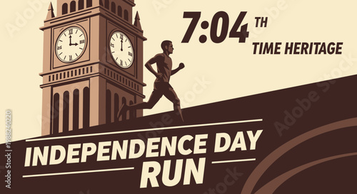 Independence Day Run Celebrated by A Silhouette Runner In Front of Clock Tower