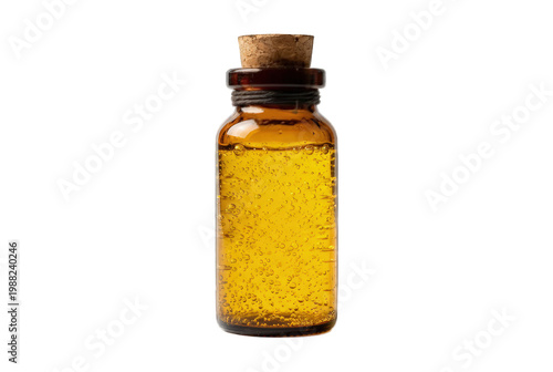 Amber glass vial with cork stopper containing bubbly golden liquid.