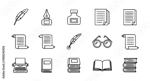 Poetry and literature line art vector collection with quill paper books typewriter icons isolated on white