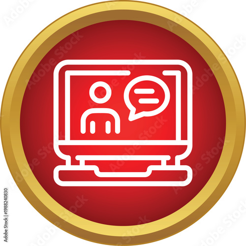 Laptop displaying video conference participant with a speech bubble for communication