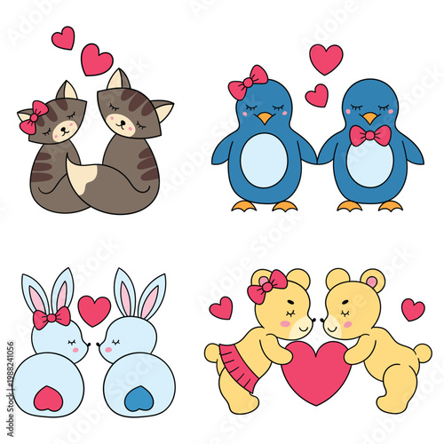 Hand-drawn cartoon set of couple animals in love on a white background. Foxes, penguins, rabbits, bears.