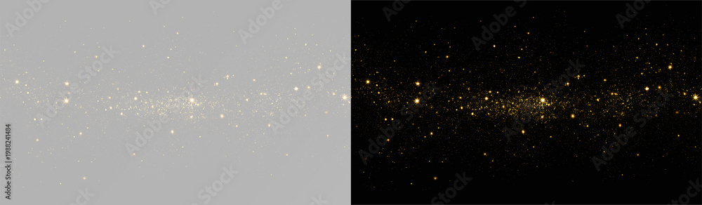 Fototapeta premium Golden glitter dust horizontal overlay. Isolated sparkling particles on transparent background
