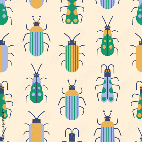 Cute insect bug green, yellow and blue seamless pattern. Butterflies and beetles on light pastel background. Minimal nursery kids doodle print. Colorful forest creatures for funny summer design.