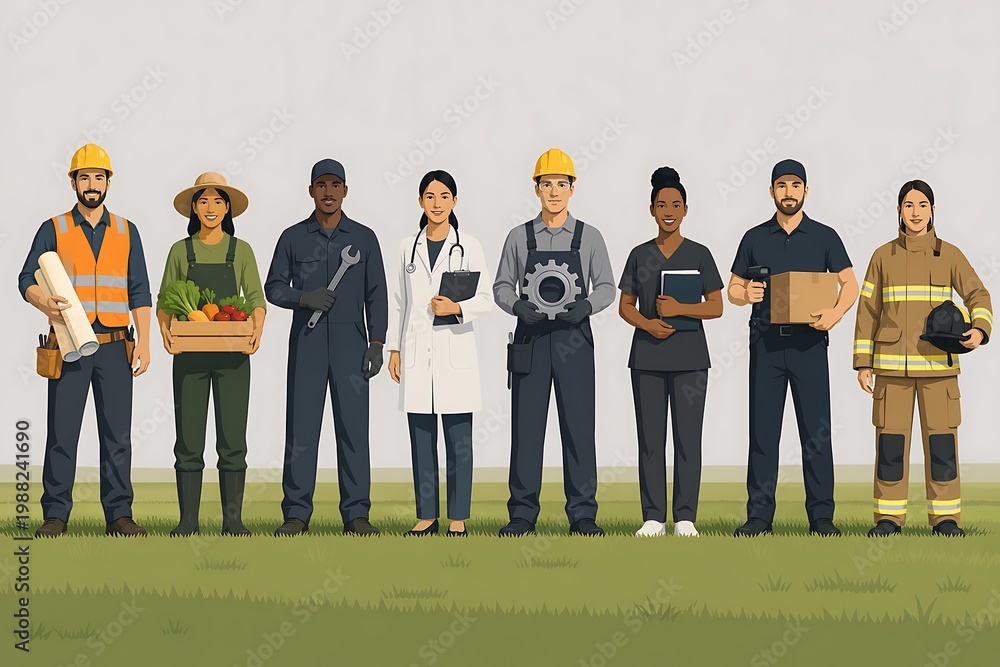 Obraz premium Diverse Group of Professionals in Uniforms Standing Together, Representing Various Occupations and Industries