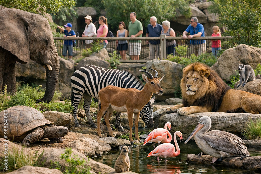Fototapeta premium Diverse wildlife animals and tourists watching at zoo exhibit