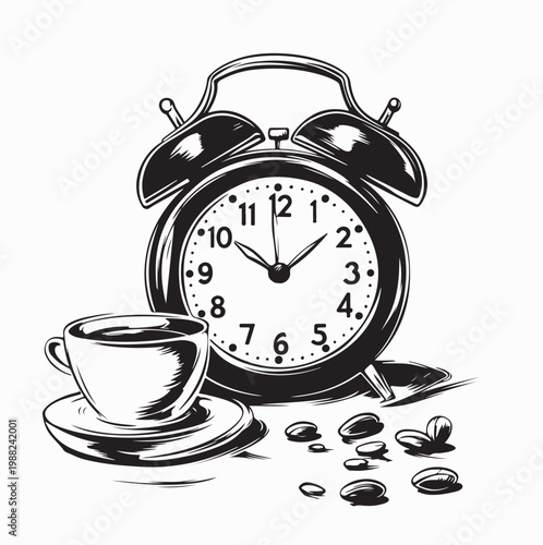 Morning Coffee Concept with Cup and Retro Alarm Clock Vector Image