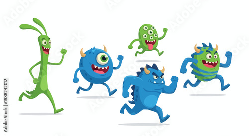Joyful Monster Squad Sprinting in Unison, Depicting Animated Characters With Exuberance