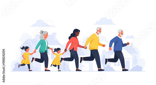 Joyful Multi-Generational Family Running Together Amidst Neighborhood Scenery