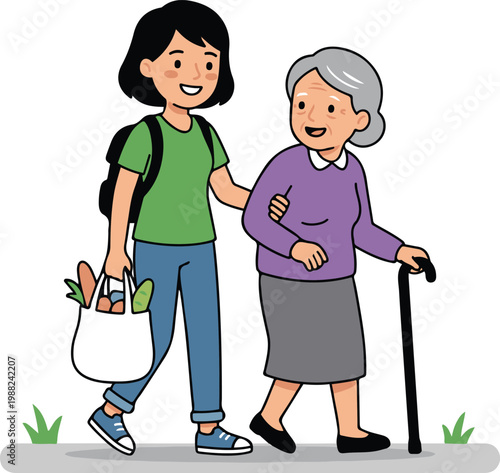 Vector illustration of a young volunteer assisting an elderly woman with a cane, representing care, support, and community service.