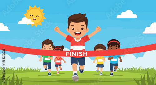 Joyful Race: A Cheerful, Cartoonish Illustration of Kids Sprinting to Finish Line Victory