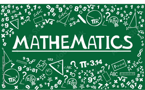 Math. Horizontal banner. Presentation, website. Isolated lettering typography idea with icons. Algebra, geometry, statistics, basic maths. Interesting creative funny math for kids. Vector illustration