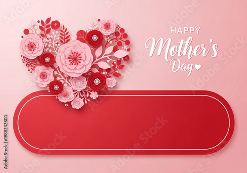 Happy mothers day floral heart design with pink and red flowers on pink background