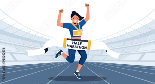 Joyful Runner Crosses Half Marathon Finish Line With Celebration