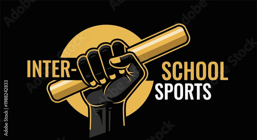 Inter School Sports Logo Featuring a Baseball Bat in a Powerful Fist On a Black Background