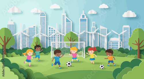 Joyful Soccer Match In The Green Park Surrounded By City's Sustainable Development