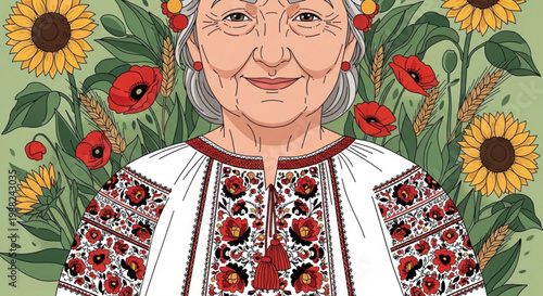 Elderly Ukrainian woman in traditional embroidered shirt surrounded by sunflowers and poppies representing heritage and culture