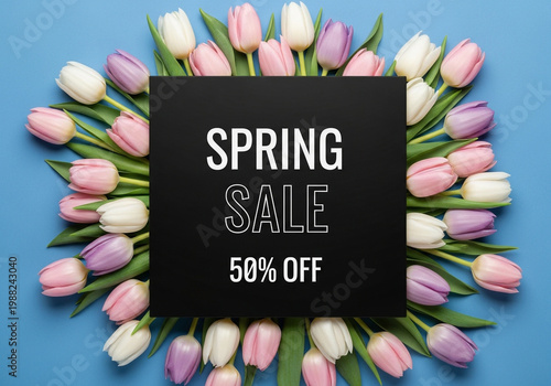 Colorful tulips arranged around a spring sale advertisement on blue background