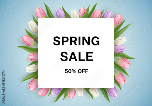 Spring sale advertisement with colorful tulips on blue background