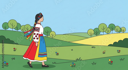 Young woman in traditional Ukrainian vyshyvanka dress walking through green rolling hills with wildflowers illustration for cultural heritage and tra