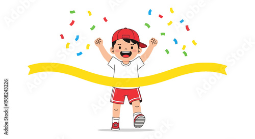 Joyful Young Champion Celebrating Victory After Crossing The Finish Line With Confetti
