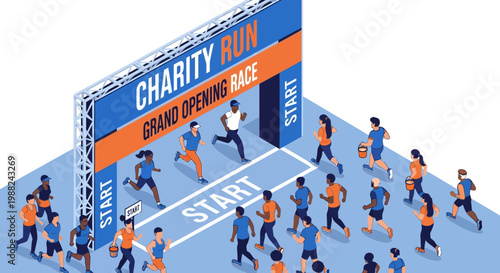 Isometric Illustration Of Charity Run Event Showcasing Diverse Participants And Race Start