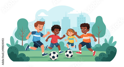 Kids Playing Soccer Together, Engaging in Fun and Energetic Outdoor Pursuits