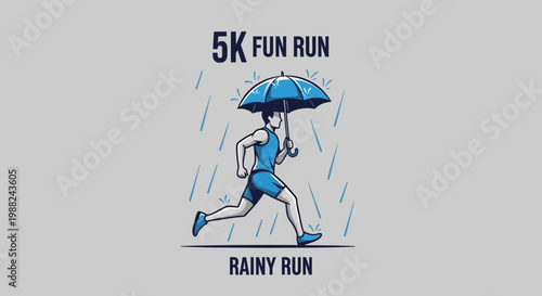 Joyful Athlete Braving Rain During 5K Run, Sporting Umbrella, Celebrating Athletics