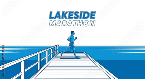 Lakeside Illustrated Marathon Runner on Pier Against Water and Blue Sky Running