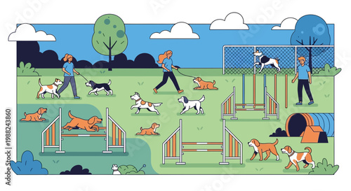 Joyful Canine Gathering in Dog Park, Enjoying Training and Leisure Activities