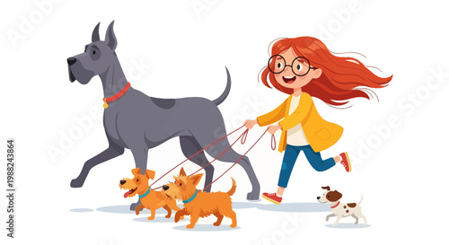 Joyful Canine Escapade Depicting A Girl Enjoying A Sunny Walk With Her Lovely Dogs