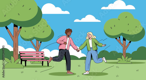 Joyful Couple Running In A Park Enjoying The Sunshine And Holding Hands Actively