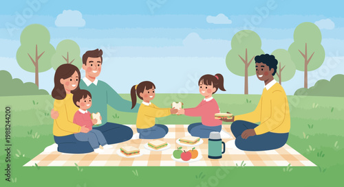 Joyful Family Outing In The Park, Sharing Delicious Food For A Pleasant Afternoon