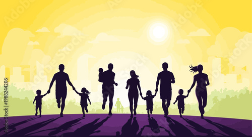 Joyful Families Embarking on a Shared Run in the Morning Light