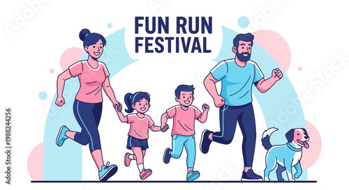 Joyful Family Running Together at a Fun Run Festival in a Delightful Vector Illustration