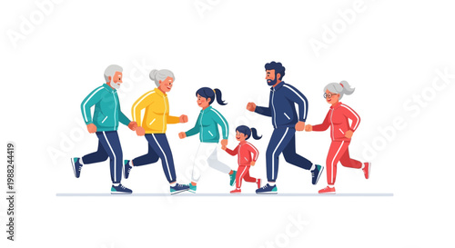 Joyful Family Running Together Portraying Health, Fitness, and Intergenerational Bonding