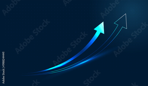 Two glowing blue curves culminate in an arrow pointing upward, symbolizing exponential digital finance growth. with the business graphic features a sharp upward