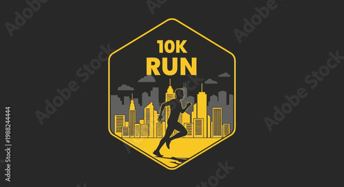 Inspiring Illustration Of A 10K Run With A Runner Silhouetted In A Stylish Cityscape Symbol