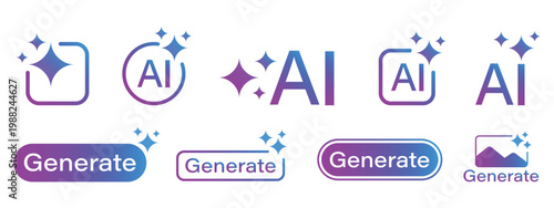 AI generation technology icon set modern flat vector collection of artificial intelligence symbols. Set of AI generate icon. AI sparkle star with square icon. AI generate icon set ai, sparkle star