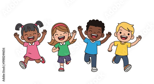 Joyful Group Of Children Playing And Running Together In Delightful Illustration