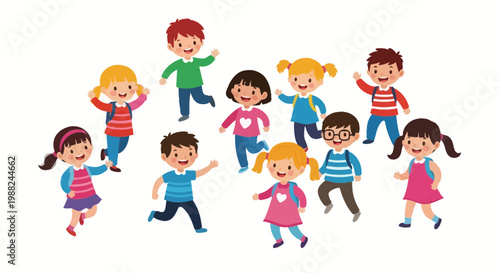 Joyful Group Of Children Playing And Waving Hands, Celebrating Happiness Together