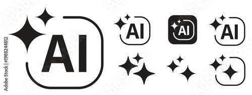 AI generation technology icon set modern flat vector collection of artificial intelligence symbols. Set of AI generate icon. AI sparkle star with square icon. AI generate icon set ai, sparkle star