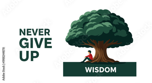Inspiring Illustration: Person Seeking Wisdom Beneath a Mighty Tree Representing Perseverance