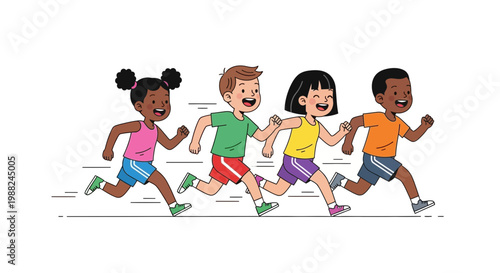 Joyful Kids Sprinting Together Depicting Friendship, Teamwork, Playfulness, and Exuberance