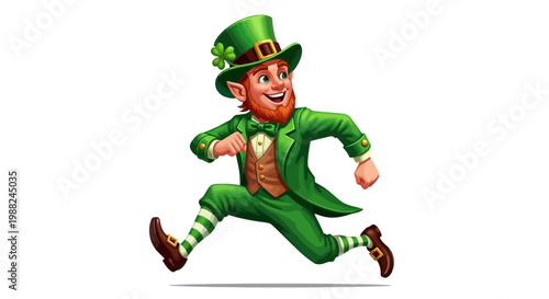 Joyful Leprechaun Sprinting forward in Festive Outfit against a Pristine Background