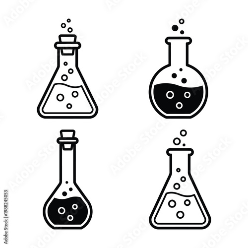 Four laboratory beakers with bubbles on white background