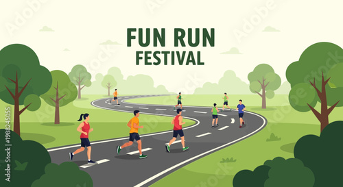 Joyful Marathon Celebration: Colorful Runners Competing on a Picturesque Race Route